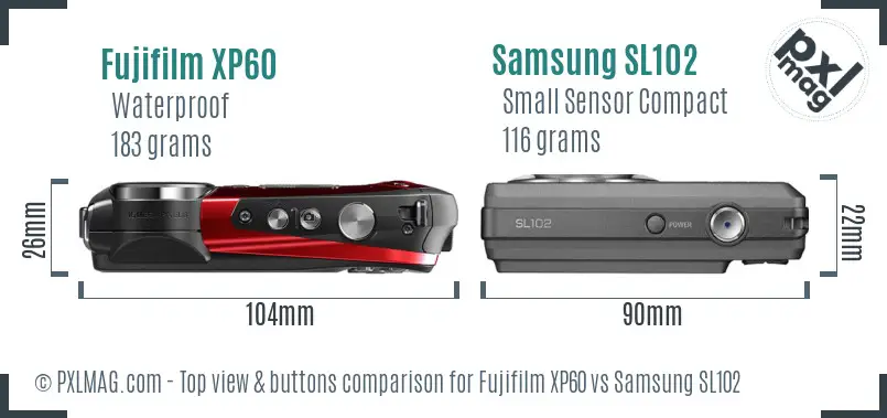 Fujifilm XP60 vs Samsung SL102 top view buttons comparison Fujifilm XP60 vs Samsung SL102 top view buttons comparison