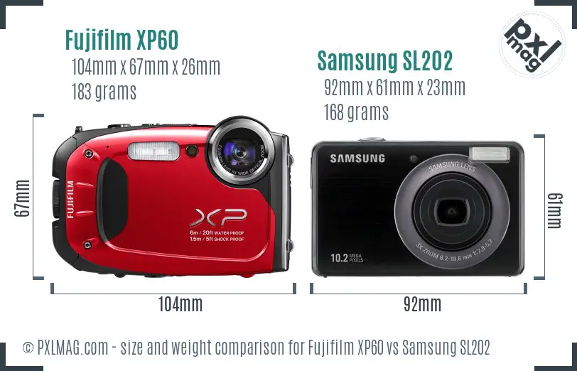Fujifilm XP60 vs Samsung SL202 size comparison