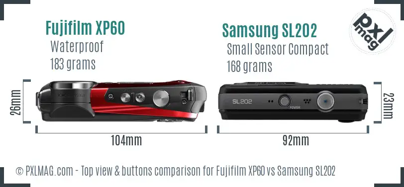 Fujifilm XP60 vs Samsung SL202 top view buttons comparison