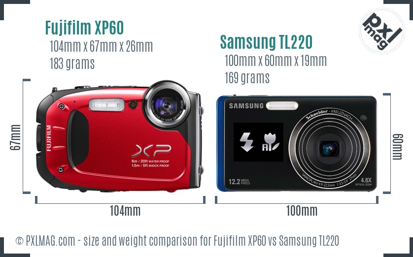 Fujifilm XP60 vs Samsung TL220 size comparison