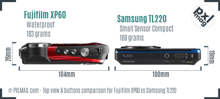 Fujifilm XP60 vs Samsung TL220 top view buttons comparison