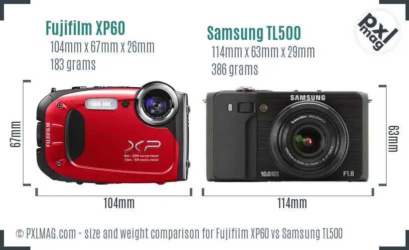 Fujifilm XP60 vs Samsung TL500 size comparison