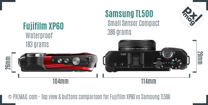 Fujifilm XP60 vs Samsung TL500 top view buttons comparison