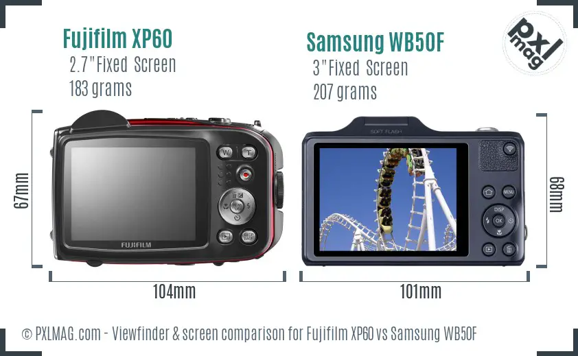 Fujifilm XP60 vs Samsung WB50F Screen and Viewfinder comparison