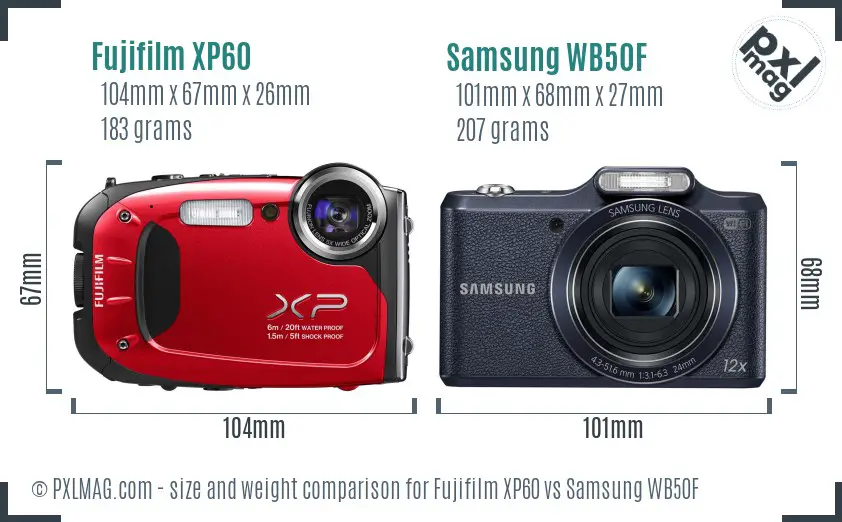 Fujifilm XP60 vs Samsung WB50F size comparison