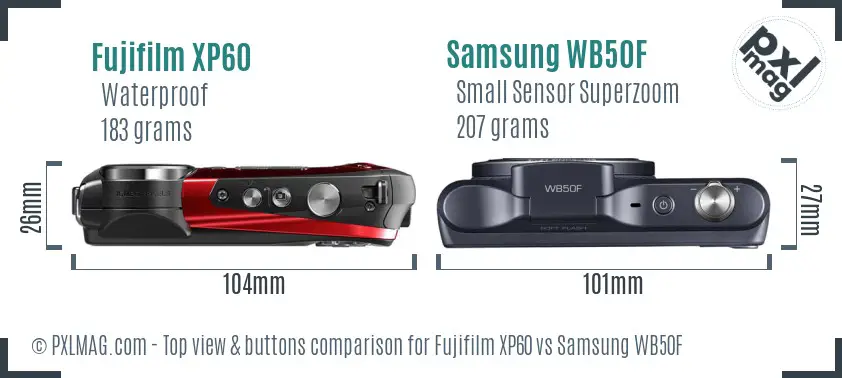 Fujifilm XP60 vs Samsung WB50F top view buttons comparison