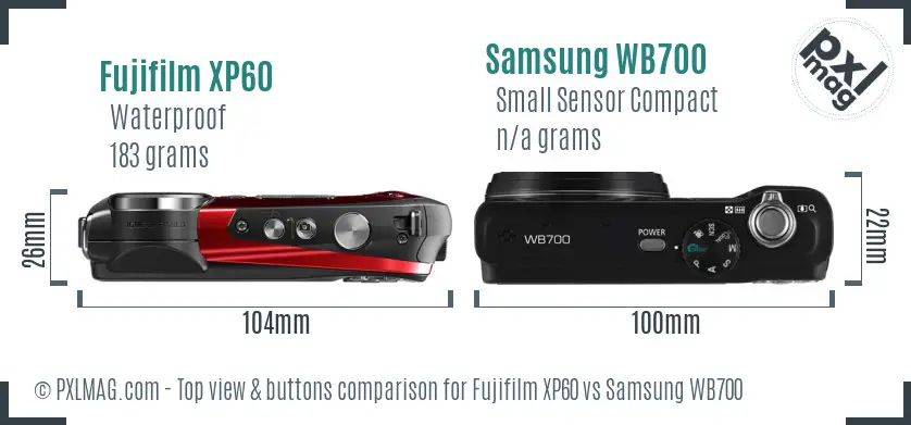 Fujifilm XP60 vs Samsung WB700 top view buttons comparison Fujifilm XP60 vs Samsung WB700 top view buttons comparison