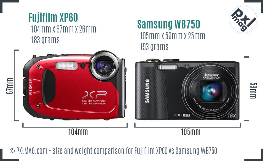 Fujifilm XP60 vs Samsung WB750 size comparison Fujifilm XP60 vs Samsung WB750 size comparison