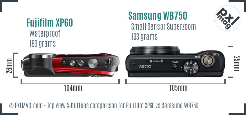 Fujifilm XP60 vs Samsung WB750 top view buttons comparison