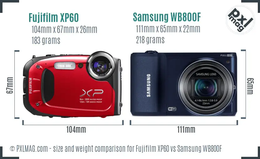 Fujifilm XP60 vs Samsung WB800F size comparison