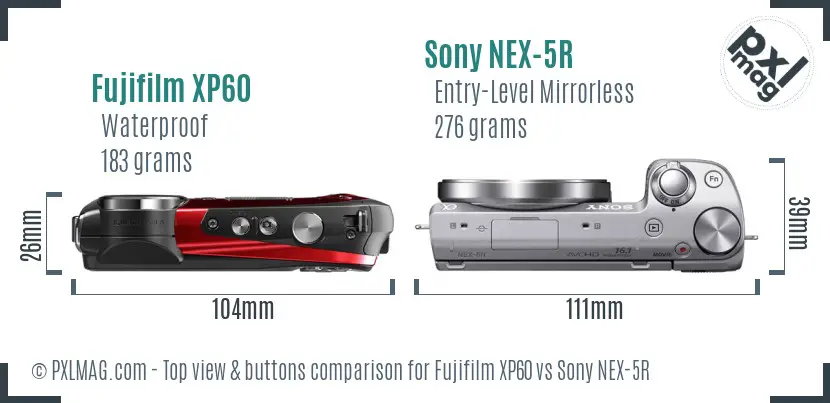 Fujifilm XP60 vs Sony NEX-5R top view buttons comparison