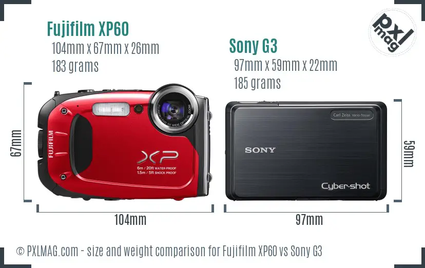 Fujifilm XP60 vs Sony G3 size comparison Fujifilm XP60 vs Sony G3 size comparison