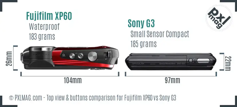 Fujifilm XP60 vs Sony G3 top view buttons comparison