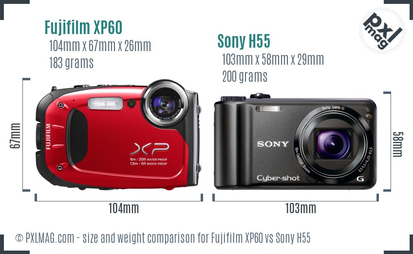 Fujifilm XP60 vs Sony H55 size comparison Fujifilm XP60 vs Sony H55 size comparison