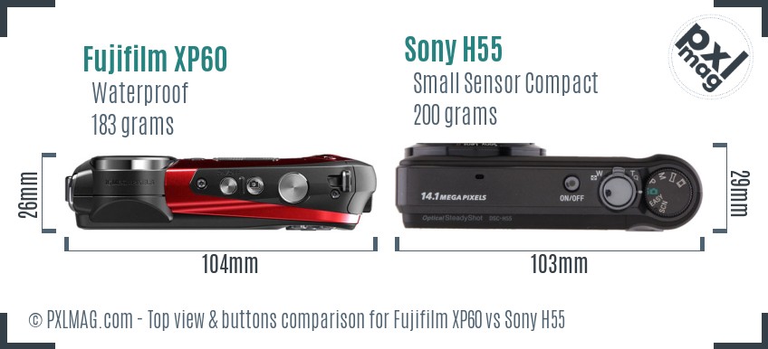 Fujifilm XP60 vs Sony H55 top view buttons comparison