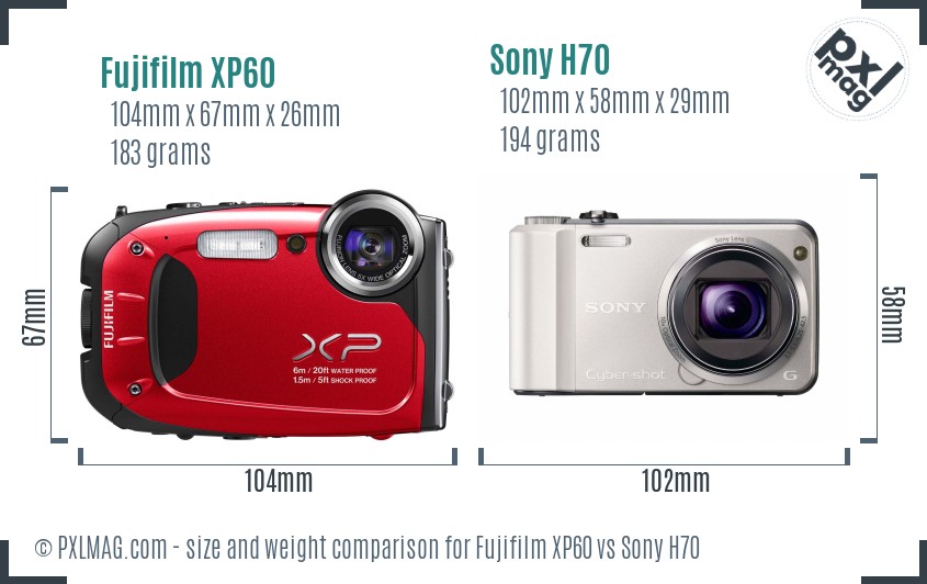 Fujifilm XP60 vs Sony H70 size comparison