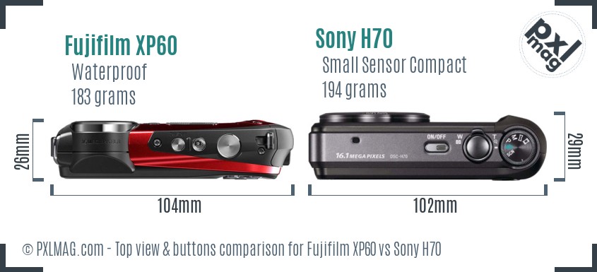 Fujifilm XP60 vs Sony H70 top view buttons comparison