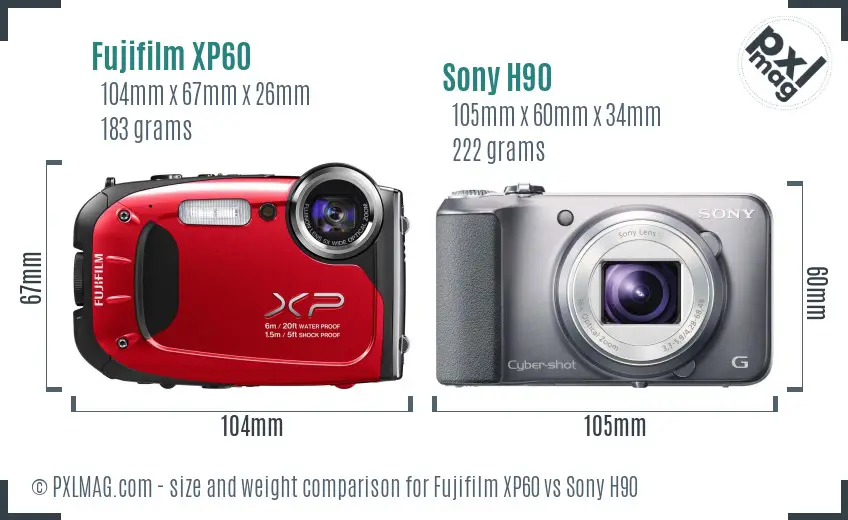 Fujifilm XP60 vs Sony H90 size comparison