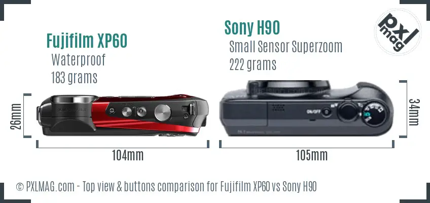 Fujifilm XP60 vs Sony H90 top view buttons comparison