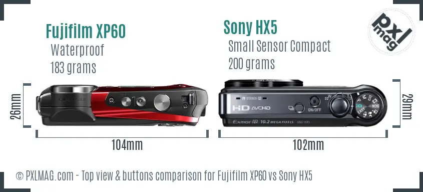 Fujifilm XP60 vs Sony HX5 top view buttons comparison Fujifilm XP60 vs Sony HX5 top view buttons comparison