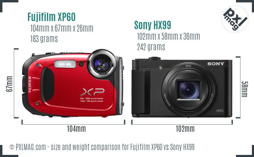 Fujifilm XP60 vs Sony HX99 size comparison
