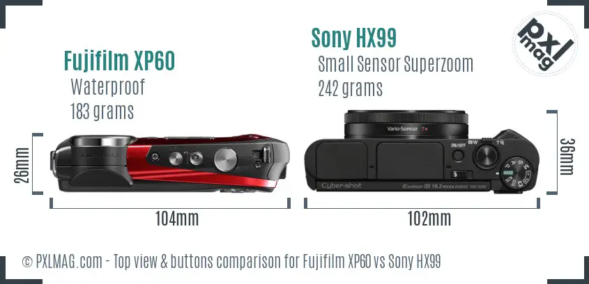 Fujifilm XP60 vs Sony HX99 top view buttons comparison