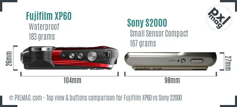 Fujifilm XP60 vs Sony S2000 top view buttons comparison