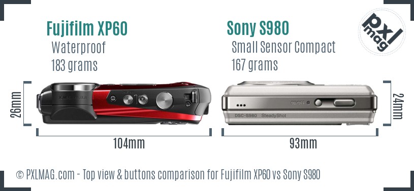 Fujifilm XP60 vs Sony S980 top view buttons comparison
