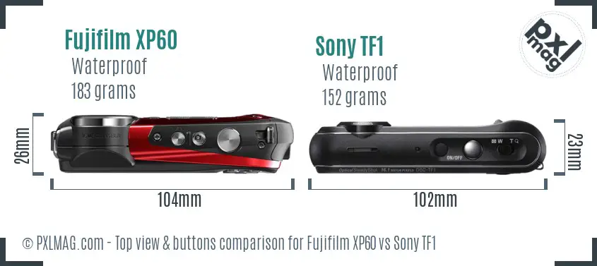 Fujifilm XP60 vs Sony TF1 top view buttons comparison