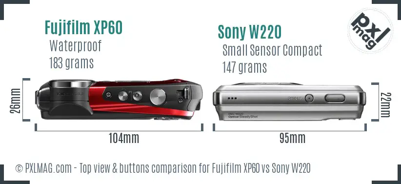 Fujifilm XP60 vs Sony W220 top view buttons comparison