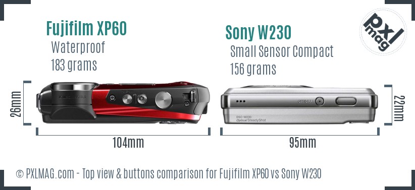 Fujifilm XP60 vs Sony W230 top view buttons comparison