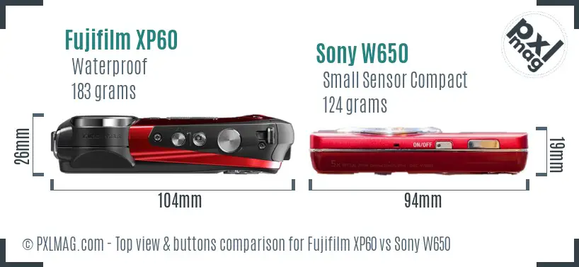 Fujifilm XP60 vs Sony W650 top view buttons comparison Fujifilm XP60 vs Sony W650 top view buttons comparison