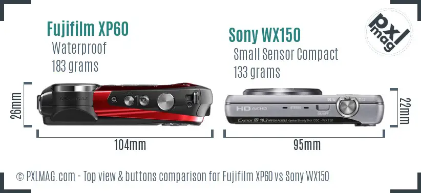 Fujifilm XP60 vs Sony WX150 top view buttons comparison Fujifilm XP60 vs Sony WX150 top view buttons comparison