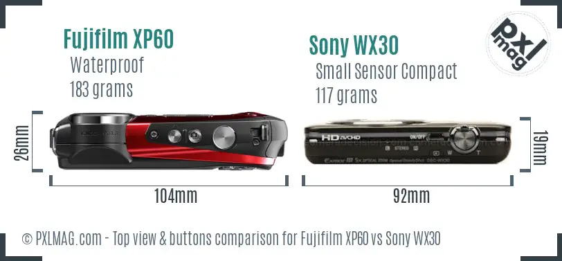 Fujifilm XP60 vs Sony WX30 top view buttons comparison Fujifilm XP60 vs Sony WX30 top view buttons comparison