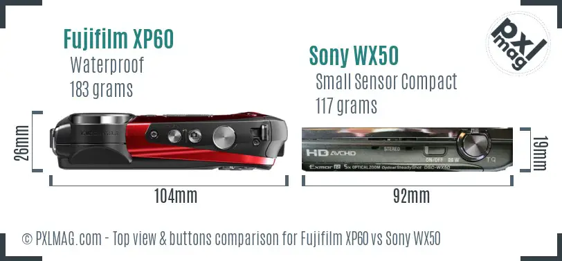 Fujifilm XP60 vs Sony WX50 top view buttons comparison