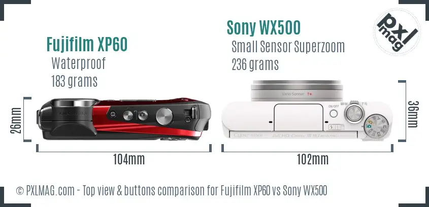 Fujifilm XP60 vs Sony WX500 top view buttons comparison Fujifilm XP60 vs Sony WX500 top view buttons comparison