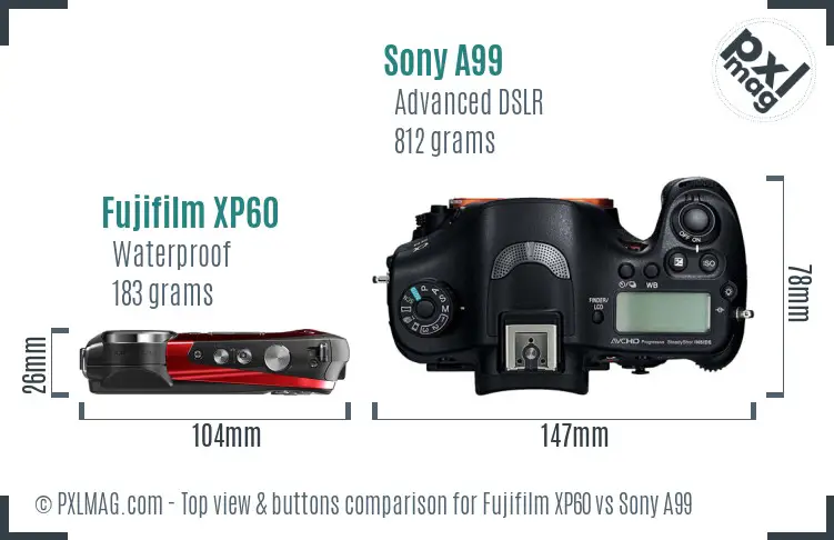 Fujifilm XP60 vs Sony A99 top view buttons comparison