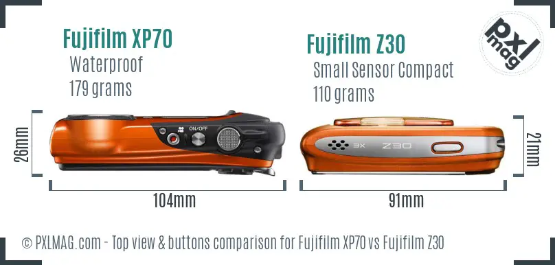 Fujifilm XP70 vs Fujifilm Z30 top view buttons comparison