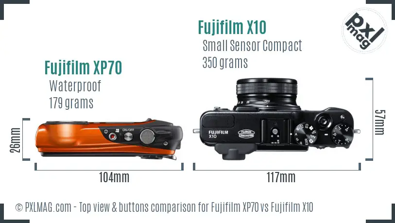 Fujifilm XP70 vs Fujifilm X10 top view buttons comparison