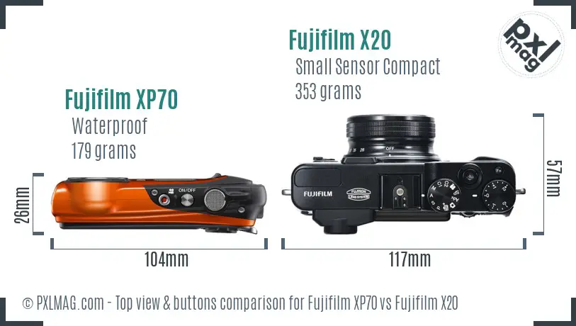 Fujifilm XP70 vs Fujifilm X20 top view buttons comparison