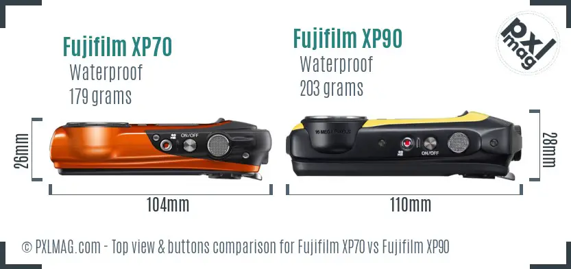 Fujifilm XP70 vs Fujifilm XP90 top view buttons comparison