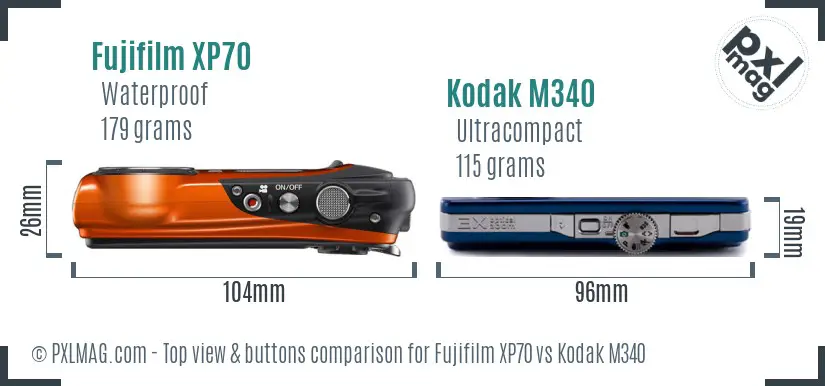 Fujifilm XP70 vs Kodak M340 top view buttons comparison