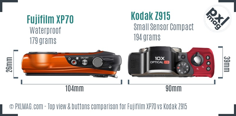 Fujifilm XP70 vs Kodak Z915 top view buttons comparison