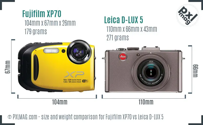 Fujifilm XP70 vs Leica D-LUX 5 size comparison