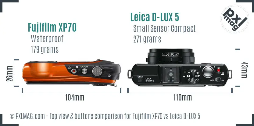 Fujifilm XP70 vs Leica D-LUX 5 top view buttons comparison