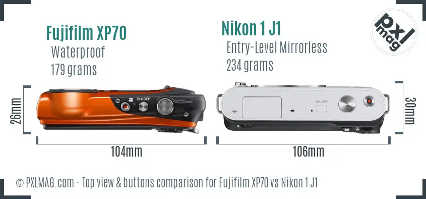 Fujifilm XP70 vs Nikon 1 J1 top view buttons comparison
