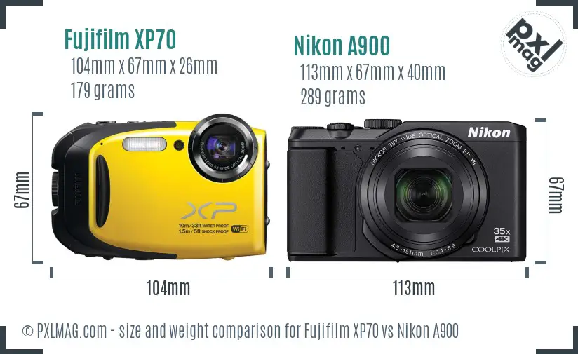 Fujifilm XP70 vs Nikon A900 size comparison