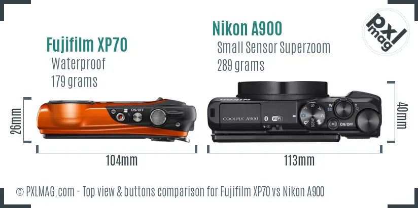 Fujifilm XP70 vs Nikon A900 top view buttons comparison