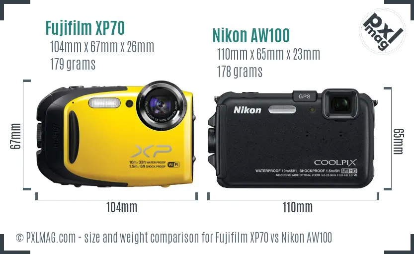 Fujifilm XP70 vs Nikon AW100 size comparison