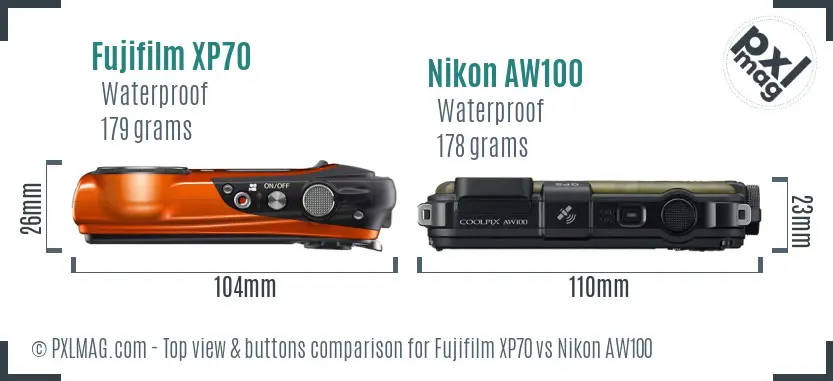 Fujifilm XP70 vs Nikon AW100 top view buttons comparison